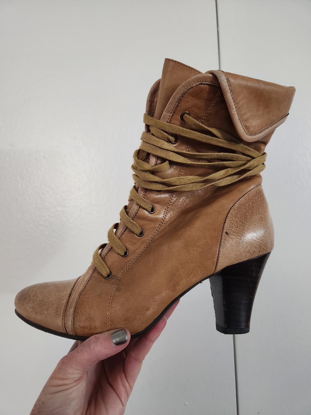 Miz Mooz Brown Fold-Over Lace-Up High Heel Ankle Boot